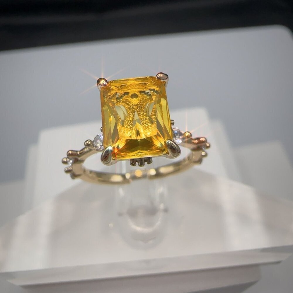 Yellow Radiant Cut CZ Ring Gold-Plated Brass Size 6 - Picture 9 of 14